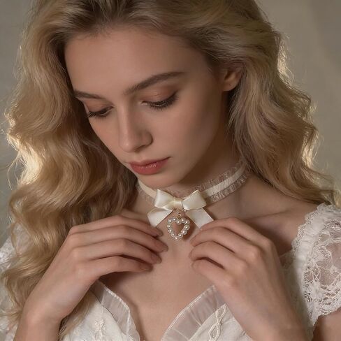 Vintage White Lace Choker Necklace Pearl Heart Pendant Necklace Gothic Lace Bow Collar Necklace Lolita Bowknot Lace Necklace Jewelry for Women in Kuwait