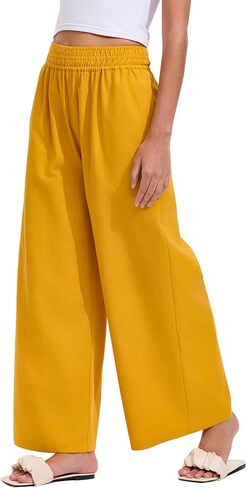 Les umes Womens Wide Leg Linen Trousers Elastic Waist Cotton Casual Loose Pants in Kuwait