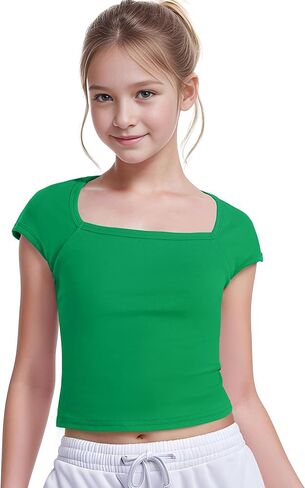Crop Tops for Girls Short Sleeve Shirt Girls Summer Tops Square Neck Slim Fit Tops Basic Tee in Kuwait