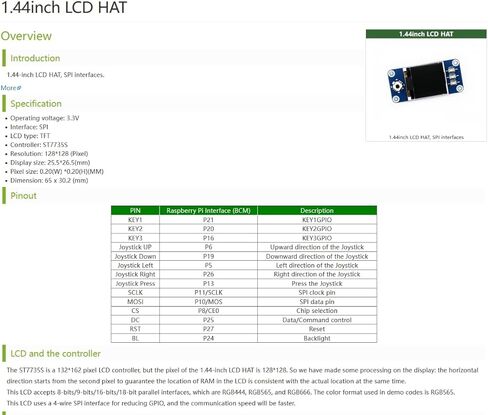 1.44inch LCD Display HAT Compatible with Raspberry Pi 5/ 4B/3B+/3B/2B/A+/Zero W/WH/Zero 2 W/Pico/Pico 2W, etc. RGB 65K Color 128 x128 Pixels, SPI Interface, with Embedded Controller in Saudi Arabia