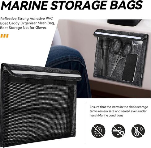 Bolaxin Boat Storage Bag, Boat Storage Caddy Organizer, Reflective Leak-Proof Mesh Bag with Lid, Adhesive Mount, 13.4"x9.8", for Gloves, Flashlight in Saudi Arabia