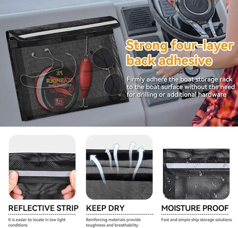 Bolaxin Boat Storage Bag, Boat Storage Caddy Organizer, Reflective Leak-Proof Mesh Bag with Lid, Adhesive Mount, 13.4"x9.8", for Gloves, Flashlight in Saudi Arabia