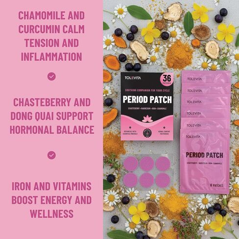 رقعات تخفيف الدورة الشهرية 36 قطعة - دعم عشبي للتشنجات مع نبات تشاستيبيري والمغنيسيوم وزهرة الربيع المسائية ودونغ كاي والكركمين وفيتامينات ب6 وه والحديد والبابونج - التوازن الهرموني وراحة الدورة الشهرية in Kuwait