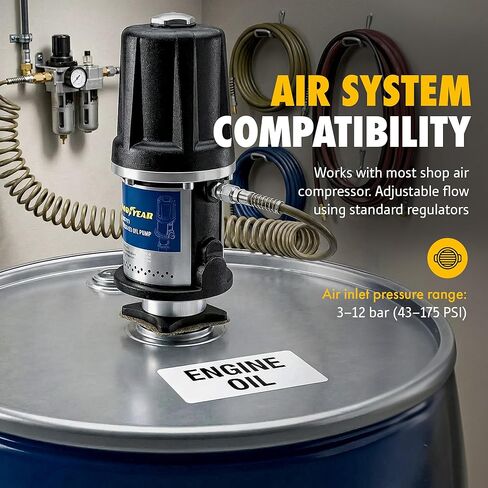 Goodyear 3:1 Heavy Duty Air-Operated Oil Pump – 11.9 GPM High-Efficiency Pneumatic Transfer Pump, Corrosion-Resistant, Icing-Free Operation, Fits 48–58 Gallon Drums in Saudi Arabia