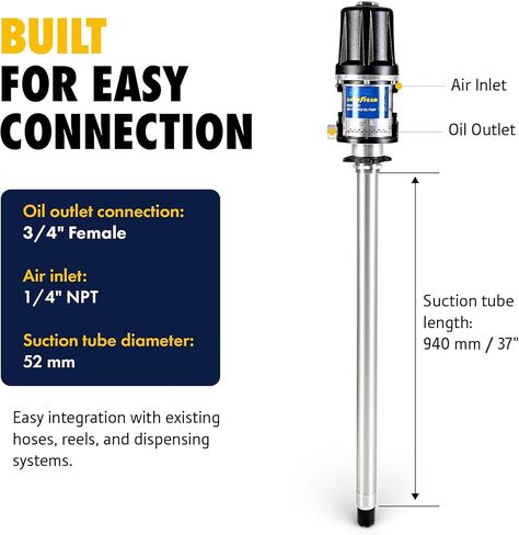 Goodyear 3:1 Heavy Duty Air-Operated Oil Pump – 11.9 GPM High-Efficiency Pneumatic Transfer Pump, Corrosion-Resistant, Icing-Free Operation, Fits 48–58 Gallon Drums in Saudi Arabia