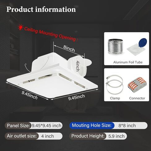 Bathroom Exhaust Fan with Light 125 CFM, 9.5" Panel, 0.7 Sone Low Noise，Cutout Size 8"x8"，Duct 4 Inch Quiet Bath Ceiling Vent Fan Combo with 6500K 1200LM LED Light, for Bathroom, Laundry, Shower in Saudi Arabia