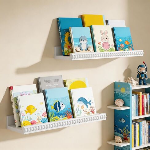 Alsonerbay Floating Shelves Wall Mounted Set of 2, Modern White Shelves with Lip, Wood Wall Shelves with Wooden Beads for Bedroom Living Room Bathroom Office and More White in Kuwait