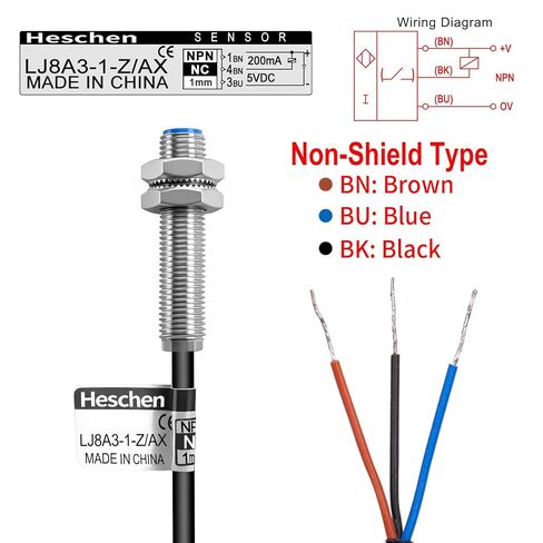 Heschen M8 Inductive Proximity Sensor Switch, Shield Type, LJ8A3-1-Z/AX-DC5V, Detector 1mm, 5VDC 200mA, NPN Normally Closed(NC), 3 Wire in Kuwait