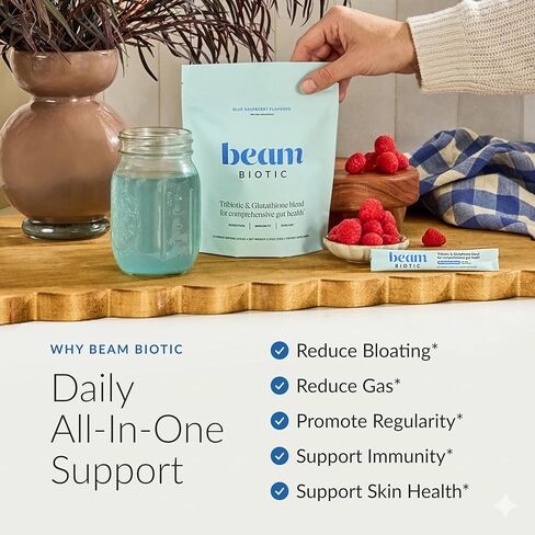 Beam Biotic Probiotics for Women – Gut Health & Digestive Health Powder with Pre, Pro & Postbiotics + Glutathione, Daily Probiotic Drink for Bloating Relief & Gut Balance, 15 Servings, Blue Raspberry in Kuwait