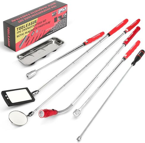 TOOLEAGUE 7Pcs Telescoping Magnetic Pickup Tool Set, Extendable LED Flashlight,Round & Square 360° Inspection Mirror for Men Mechanics, and Handymen, Red in Kuwait