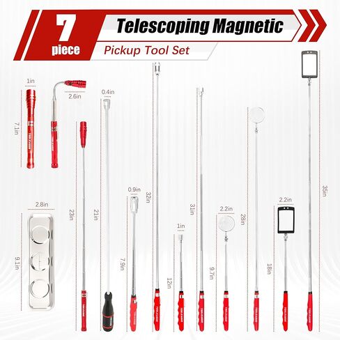 TOOLEAGUE 7Pcs Telescoping Magnetic Pickup Tool Set, Extendable LED Flashlight,Round & Square 360° Inspection Mirror for Men Mechanics, and Handymen, Red in Kuwait