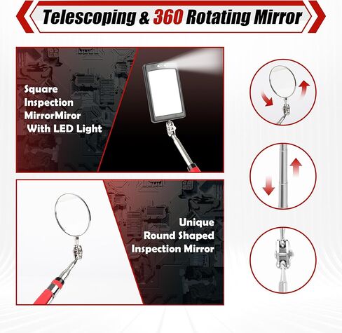 TOOLEAGUE 7Pcs Telescoping Magnetic Pickup Tool Set, Extendable LED Flashlight,Round & Square 360° Inspection Mirror for Men Mechanics, and Handymen, Red in Kuwait