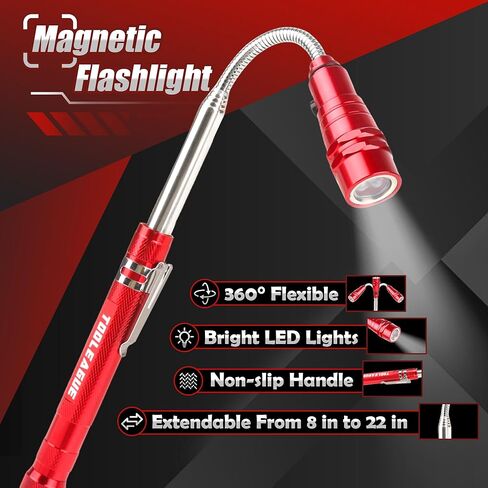 TOOLEAGUE 7Pcs Telescoping Magnetic Pickup Tool Set, Extendable LED Flashlight,Round & Square 360° Inspection Mirror for Men Mechanics, and Handymen, Red in Kuwait