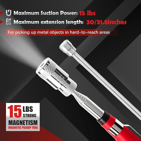 TOOLEAGUE 7Pcs Telescoping Magnetic Pickup Tool Set, Extendable LED Flashlight,Round & Square 360° Inspection Mirror for Men Mechanics, and Handymen, Red in Kuwait