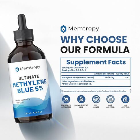 Methylene Blue Pharmaceutical Grade 4.06 fl oz (120 mL), 99% Purity Supplement for Humans, Formaldehyde-Free, Alcohol-Free, Glass Bottle in Kuwait