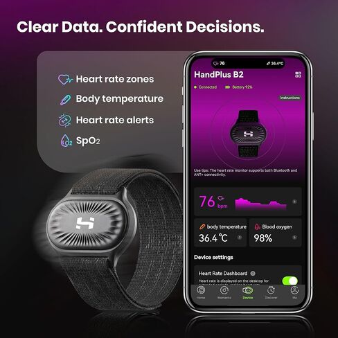 HandPlus Heart Rate Monitor, Comfort Training-Grade Optical Fitness Tracker, Advanced Optical HR with Zone Accuracy, 72h Offline Storage, Bluetooth & ANT+ for Fitness Training in Saudi Arabia