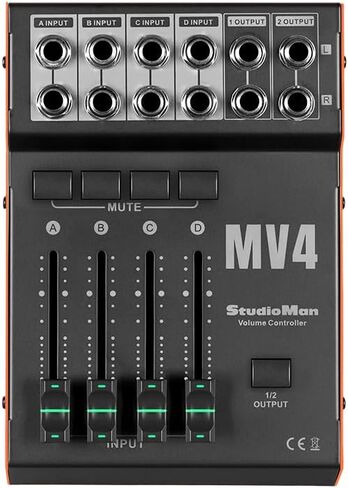 جهاز التحكم في مستوى الصوت السلبي StudioMan MV4، 4 مدخل 2 مخرج 1/4 بوصة وحدة تحكم صوت غير متوازنة مع زر كتم الصوت لشاشات الاستوديو ومكبرات الصوت والخلاطات وواجهات الصوت in Kuwait