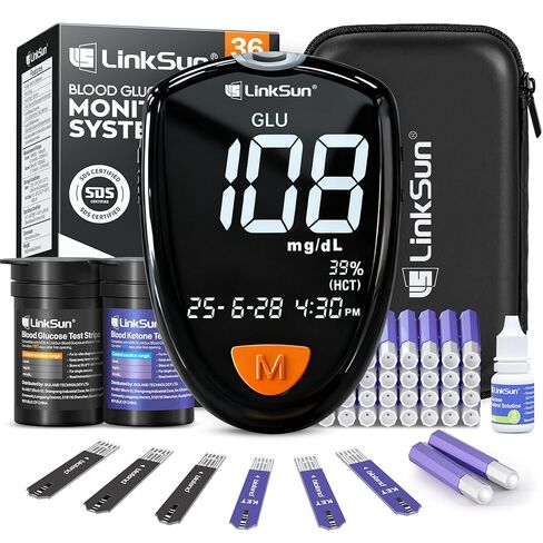 طقم اختبار جلوكوز الدم والكيتون M26-K، 35 مشرط أمان، 25 شريط جلوكوز، 10 شرائط كيتون، حقيبة سفر، محلول للتحكم في الجلوكوز، جهاز قياس كيتون الجلوكوز 2 في 1، استخدام منزلي، بدون ترميز، شاشة كبيرة in Kuwait