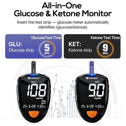 طقم اختبار جلوكوز الدم والكيتون M26-K، 35 مشرط أمان، 25 شريط جلوكوز، 10 شرائط كيتون، حقيبة سفر، محلول للتحكم في الجلوكوز، جهاز قياس كيتون الجلوكوز 2 في 1، استخدام منزلي، بدون ترميز، شاشة كبيرة in Kuwait
