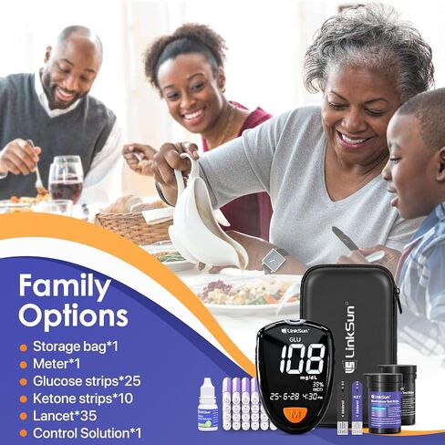 طقم اختبار جلوكوز الدم والكيتون M26-K، 35 مشرط أمان، 25 شريط جلوكوز، 10 شرائط كيتون، حقيبة سفر، محلول للتحكم في الجلوكوز، جهاز قياس كيتون الجلوكوز 2 في 1، استخدام منزلي، بدون ترميز، شاشة كبيرة in Kuwait