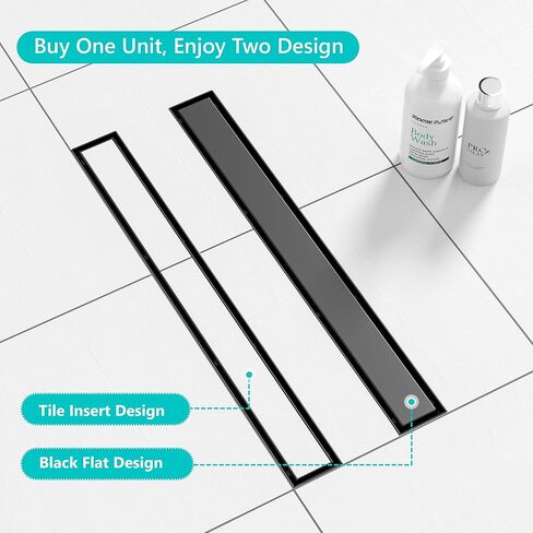 Neodrain 24 بوصة استنزاف دش خطي أسود غير لامع - مع غطاء إدراج مسطح وبلاط 2 في 1، 304 استنزاف أرضية دش مستطيل من الفولاذ المقاوم للصدأ، استنزاف أرضية الدش in Kuwait