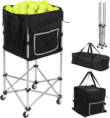 Tennis Ball Cart with Wheels & Brake (180 Capacity) – Heavy Duty Stainless Steel Frame with Detachable Washable Bag – Foldable Travel Hopper for Tennis & Pickleball, Portable Carrier in Saudi Arabia