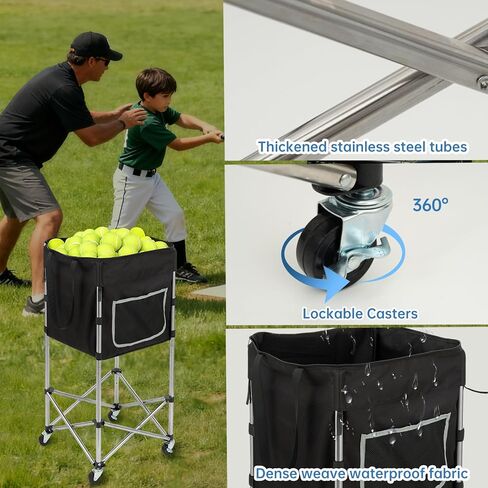 Tennis Ball Cart with Wheels & Brake (180 Capacity) – Heavy Duty Stainless Steel Frame with Detachable Washable Bag – Foldable Travel Hopper for Tennis & Pickleball, Portable Carrier in Saudi Arabia