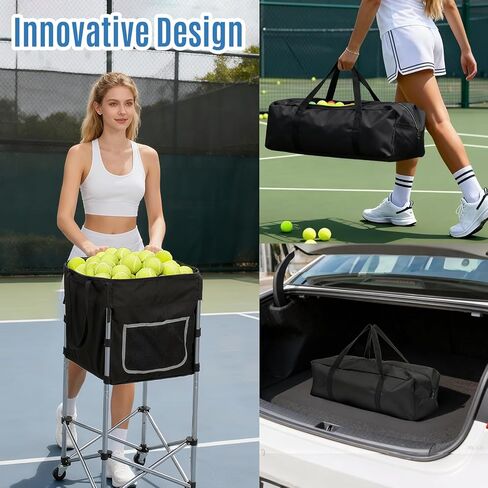 Tennis Ball Cart with Wheels & Brake (180 Capacity) – Heavy Duty Stainless Steel Frame with Detachable Washable Bag – Foldable Travel Hopper for Tennis & Pickleball, Portable Carrier in Saudi Arabia
