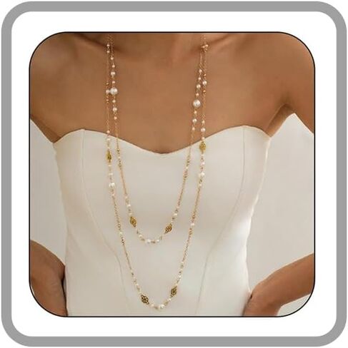 Long Necklaces for Women Pearl Necklaces for Women Long Gold Chain Necklace Dainty Layered Pearl Necklace Statement Sweater Strand Chain Jewelry in Saudi Arabia