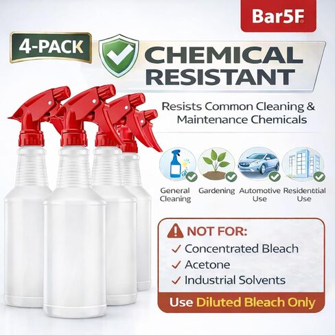 زجاجات رذاذ Bar5F، 16 أونصة، 4 عبوات، HDPE مقاوم للمواد الكيميائية، خالية من BPA، غير سامة، رشاشات حمراء، زجاجة رش فارغة قابلة لإعادة الملء لحلول التنظيف، الخل، الكحول، صنع في الولايات المتحدة الأمريكية in Saudi Arabia