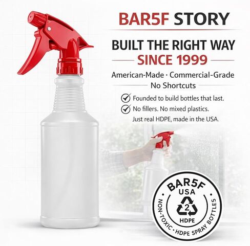 زجاجات رذاذ Bar5F، 16 أونصة، 4 عبوات، HDPE مقاوم للمواد الكيميائية، خالية من BPA، غير سامة، رشاشات حمراء، زجاجة رش فارغة قابلة لإعادة الملء لحلول التنظيف، الخل، الكحول، صنع في الولايات المتحدة الأمريكية in Saudi Arabia