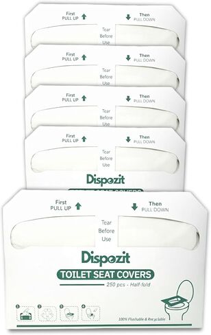 1250 Pcs Disposable Flushable Toilet Seat Covers (5 Packs of 250 Pcs) | 100% Biodegradable Commercial Toilet Seat Covers | Half-Fold Wall Dispenser Compatible | DISPOZIT Safe Liners in Kuwait