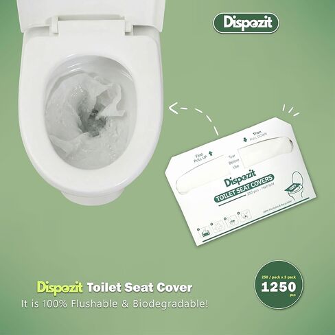 1250 Pcs Disposable Flushable Toilet Seat Covers (5 Packs of 250 Pcs) | 100% Biodegradable Commercial Toilet Seat Covers | Half-Fold Wall Dispenser Compatible | DISPOZIT Safe Liners in Kuwait