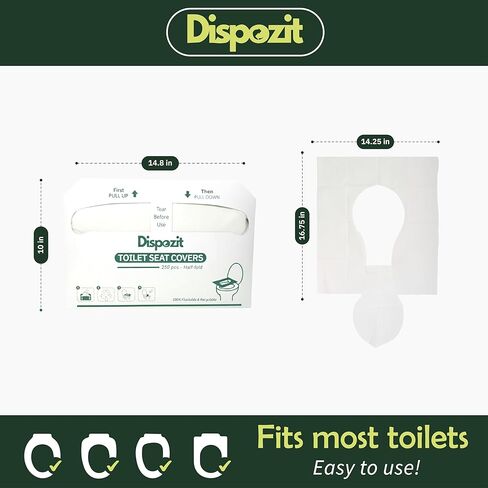 1250 Pcs Disposable Flushable Toilet Seat Covers (5 Packs of 250 Pcs) | 100% Biodegradable Commercial Toilet Seat Covers | Half-Fold Wall Dispenser Compatible | DISPOZIT Safe Liners in Kuwait