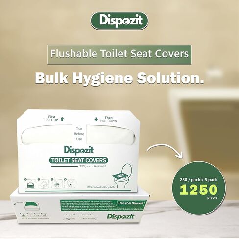 1250 Pcs Disposable Flushable Toilet Seat Covers (5 Packs of 250 Pcs) | 100% Biodegradable Commercial Toilet Seat Covers | Half-Fold Wall Dispenser Compatible | DISPOZIT Safe Liners in Kuwait