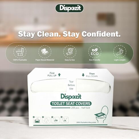 1250 Pcs Disposable Flushable Toilet Seat Covers (5 Packs of 250 Pcs) | 100% Biodegradable Commercial Toilet Seat Covers | Half-Fold Wall Dispenser Compatible | DISPOZIT Safe Liners in Kuwait