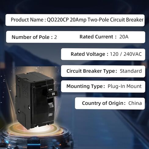 قاطع دائرة QO220CP 20 أمبير ثنائي القطب - متوافق مع مراكز تحميل SD QO، وCSED، ولوحات لوحة NQOD، بتصنيف 120/240 فولت تيار متردد، 10 كيلو أمبير، حامل توصيل، مؤشر Visi-Trip in Saudi Arabia