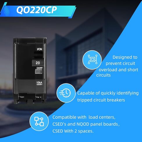 قاطع دائرة QO220CP 20 أمبير ثنائي القطب - متوافق مع مراكز تحميل SD QO، وCSED، ولوحات لوحة NQOD، بتصنيف 120/240 فولت تيار متردد، 10 كيلو أمبير، حامل توصيل، مؤشر Visi-Trip in Saudi Arabia