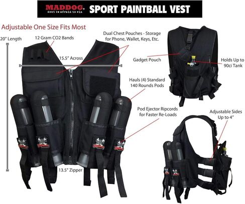 Maddog Tactical Sport Vest with Paintball Pods & Upgraded Slidecheck Remote Coil Paintball Gun Accessory Package | High Pressure Air (HPA) & CO2 Tank Compatible in Kuwait