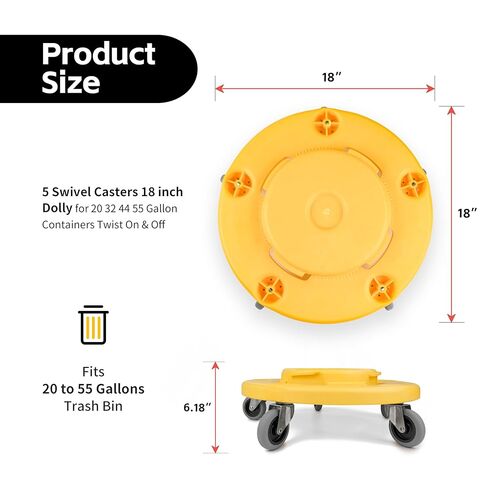 MaxWorks 51164 (2-Pack) Round Trash Can High Visibility Yellow Dolly with 5 Swivel Casters 18 inch Dolly for 20 32 44 55 Gallon Containers Twist On & Off in Saudi Arabia