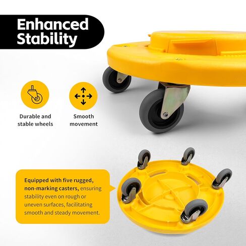 MaxWorks 51164 (2-Pack) Round Trash Can High Visibility Yellow Dolly with 5 Swivel Casters 18 inch Dolly for 20 32 44 55 Gallon Containers Twist On & Off in Saudi Arabia