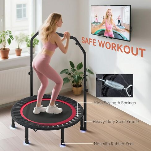 Soozier 40" Foldable Mini Trampoline, Rebounder Trampoline for Adults with Adjustable Foam Handle and Resistance Bands, Fitness Rebounder for Indoor Outdoor Workout, Max Load 330 lbs in Saudi Arabia