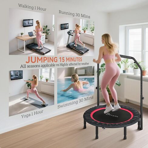 Soozier 40" Foldable Mini Trampoline, Rebounder Trampoline for Adults with Adjustable Foam Handle and Resistance Bands, Fitness Rebounder for Indoor Outdoor Workout, Max Load 330 lbs in Saudi Arabia