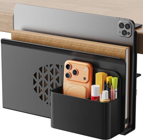 Desk Side Storage, Metal Laptop Holder with Magnetic Pen Box, Clamp-On Under Desk Organizer with Cooling Holes & Anti-Scratch Pads for Office and Home (Black) in Kuwait