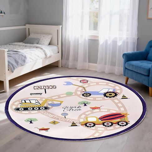 ABREEZE Shaggy Round Kids Rug 4ft, Excavator Digger Play Rug Non Slip Shaggy Plush Carpet Childrens Crawling Carpet Construction Area Rug for Living Room Bedroom Playroom Nursery Decor Beige in Kuwait