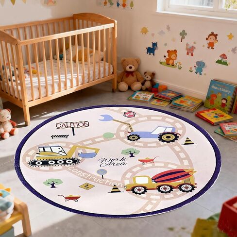 ABREEZE Shaggy Round Kids Rug 4ft, Excavator Digger Play Rug Non Slip Shaggy Plush Carpet Childrens Crawling Carpet Construction Area Rug for Living Room Bedroom Playroom Nursery Decor Beige in Kuwait