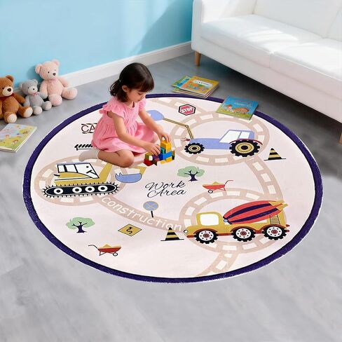 ABREEZE Shaggy Round Kids Rug 4ft, Excavator Digger Play Rug Non Slip Shaggy Plush Carpet Childrens Crawling Carpet Construction Area Rug for Living Room Bedroom Playroom Nursery Decor Beige in Kuwait