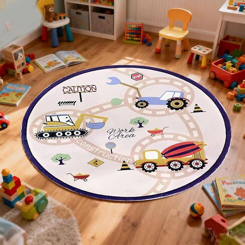 ABREEZE Shaggy Round Kids Rug 4ft, Excavator Digger Play Rug Non Slip Shaggy Plush Carpet Childrens Crawling Carpet Construction Area Rug for Living Room Bedroom Playroom Nursery Decor Beige in Kuwait
