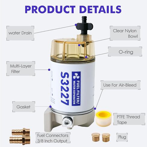 S3227 Fuel Filter Water Separator with Clear Bowl Assembly 3/8" Barb x 1/4" NPT Fittings Replacement for Marine Outboard Motor Mercury Replaces 320R, 490R-RAC-01, 18-7948, 9-37882, 18-7922, 18-7922-1 in Kuwait