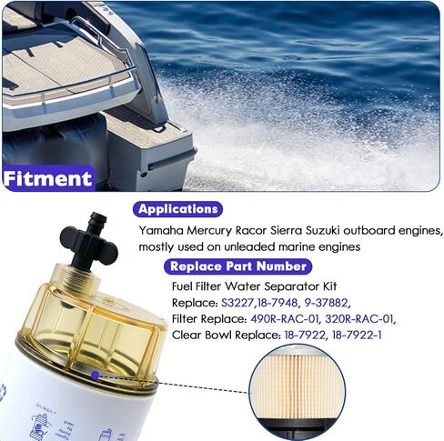 S3227 Fuel Filter Water Separator with Clear Bowl Assembly 3/8" Barb x 1/4" NPT Fittings Replacement for Marine Outboard Motor Mercury Replaces 320R, 490R-RAC-01, 18-7948, 9-37882, 18-7922, 18-7922-1 in Kuwait